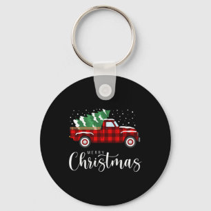 Prettig kerstfeest Rode Truck Buffalo Plaid Kerstm Sleutelhanger