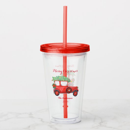 Prettig kerstfeest Rode vrachtwagen Acryl tumbler Acryl Drinkbeker (Voorkant)