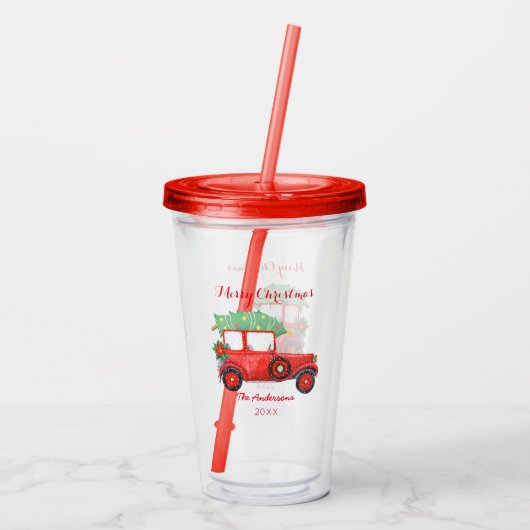 Prettig kerstfeest Rode vrachtwagen Acryl tumbler Acryl Drinkbeker (Achterkant)