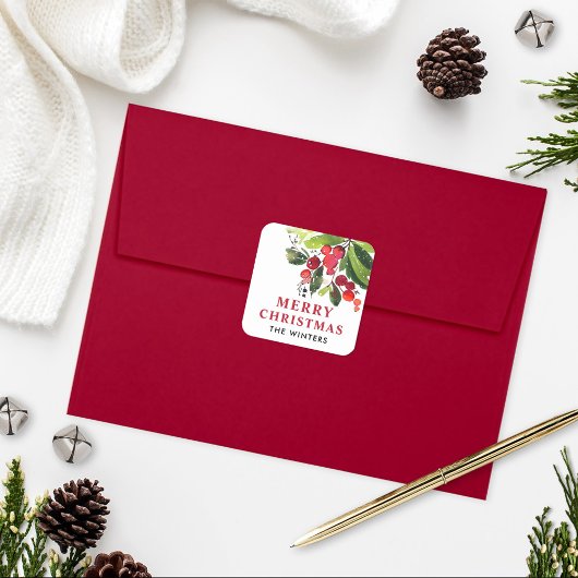 Prettig kerstfeest Rode waterverf groene monogram Vierkante Sticker