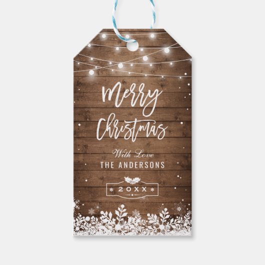 Prettig kerstfeest roestige slingerlichtjes sneeuw cadeaulabel (Voorkant)