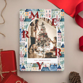 Prettig kerstfeest Rood Aquarel Huizen Boog Foto Feestdagenkaart