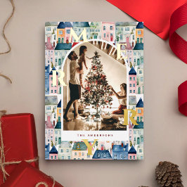 Prettig kerstfeest Rood Aquarel Huizen Boog Foto Folie Feestdagenkaart