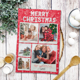 Prettig kerstfeest Rood Doodles 5 Foto Familie Cad Theedoek