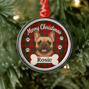 Prettig kerstfeest rood en groen geruit Franse Bul Metalen Ornament