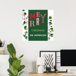 Prettig kerstfeest Rood en groen waterverf krans Poster