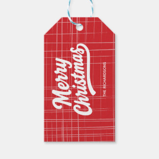 Prettig kerstfeest Rood en Wit Linnen Stijl Cadeaulabel