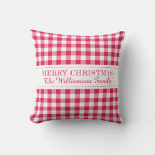 Prettig kerstfeest Rood Gingham Monogram Naam Buitenkussen