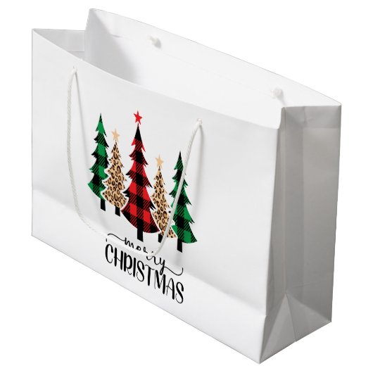 Prettig kerstfeest Rood Groen Geruit Bomen Groot Cadeauzakje (Voorkant Gekanteld)