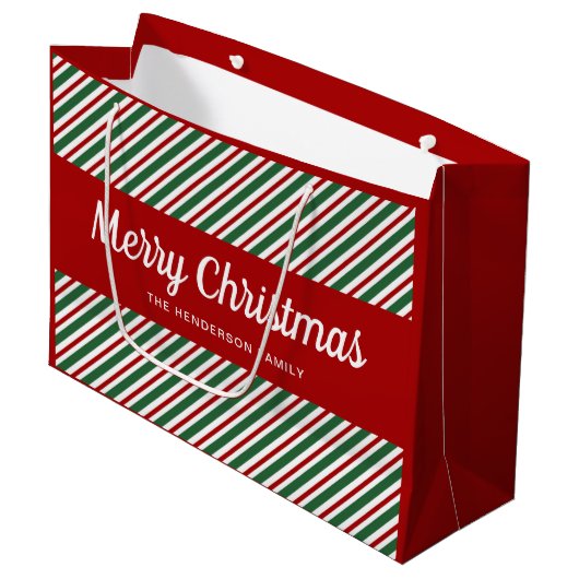 Prettig kerstfeest Rood Groen Gestreepte Patroon G Groot Cadeauzakje (Voorkant Gekanteld)