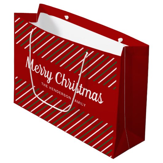 Prettig kerstfeest Rood Groen Wit Strepen Groot Cadeauzakje (Voorkant Gekanteld)