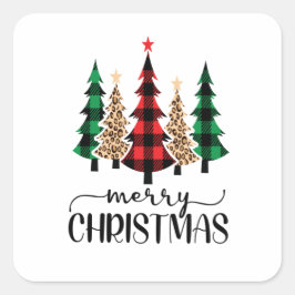 Prettig kerstfeest Rood Groen Zwart Geruit Bomen  Vierkante Sticker