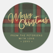 Prettig kerstfeest rood groene goudkleurige script ronde sticker (Voorkant)