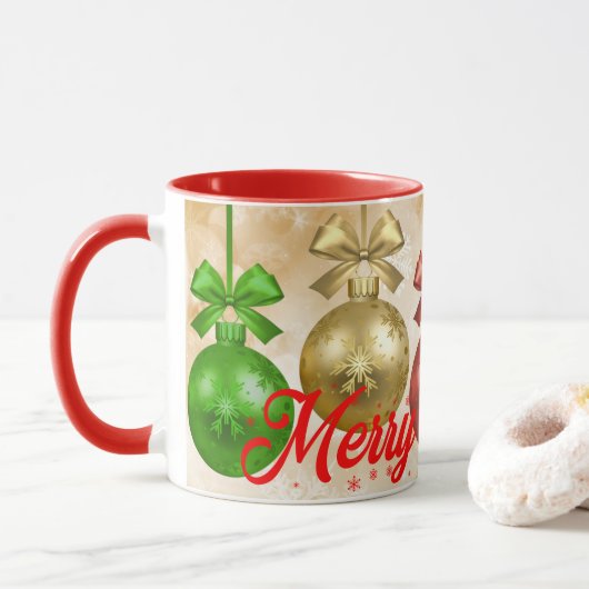 Prettig kerstfeest Rood Groene Versieringen Sneeuw Mok (Met donut)