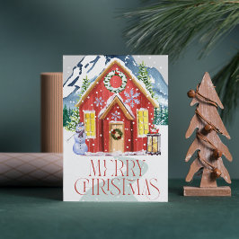 Prettig kerstfeest Rood landhuis Berg Sneeuw Legpuzzel
