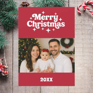 Prettig kerstfeest rood wit retro fotokaart feestdagenkaart