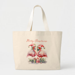 Prettig kerstfeest Roze Flamingo's Grote Tote Bag