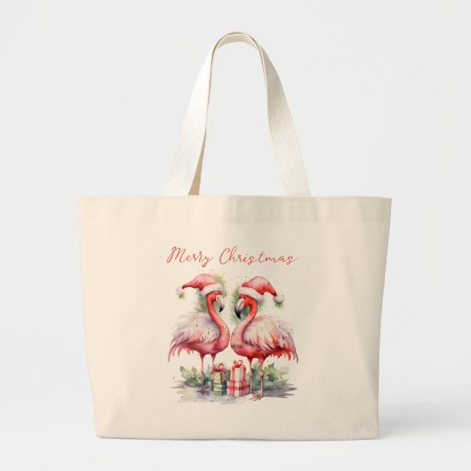 Prettig kerstfeest Roze Flamingo's Grote Tote Bag (Voorkant)