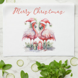Prettig kerstfeest Roze Flamingo's Theedoek