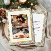 Prettig kerstfeest Roze Groen Geruit Tartan Foto Folie Feestdagenkaart