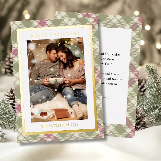 Prettig kerstfeest Roze Groen Geruit Tartan Foto Folie Feestdagenkaart
