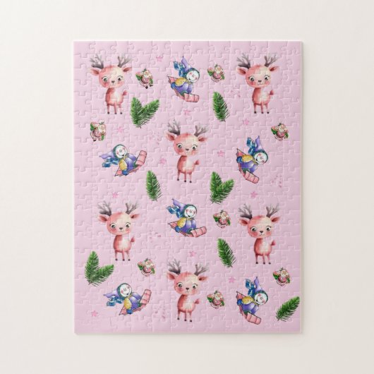 Prettig kerstfeest Roze Kerstman Rendier slee puzz Legpuzzel (Verticaal)