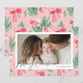 Prettig kerstfeest roze linten en groene tak feestdagenkaart (Voorkant / Achterkant)