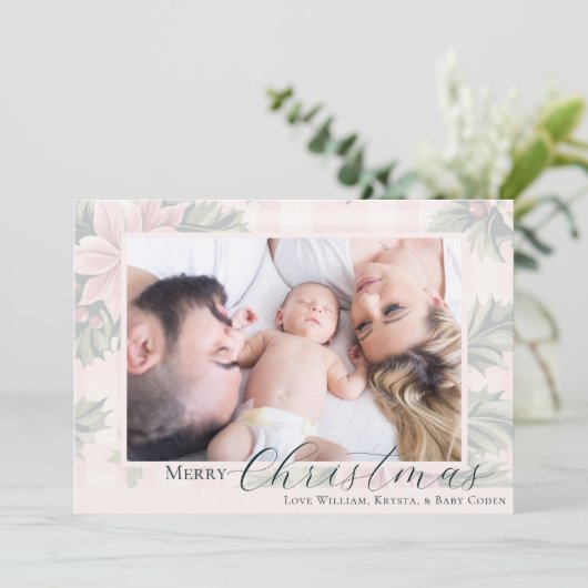 Prettig kerstfeest Roze ruit poinsettia foto Feestdagenkaart (Staand voorkant)