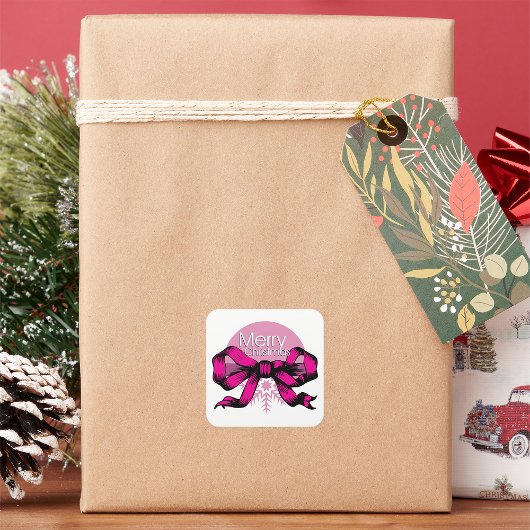 Prettig kerstfeest roze strik vierkante sticker
