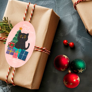 Prettig kerstfeest Roze Zwart kat Kerstboom Ovale Sticker