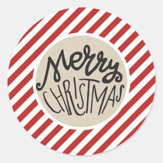 Prettig kerstfeest Rustiek kraft Rood Wit Strepen Ronde Sticker (Voorkant)