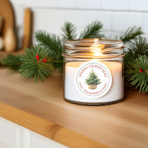 Prettig kerstfeest, rustieke waterverfboom in mand ronde sticker