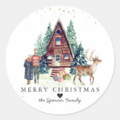 Prettig kerstfeest | Rustieke winter hut bos Ronde Sticker (Voorkant)
