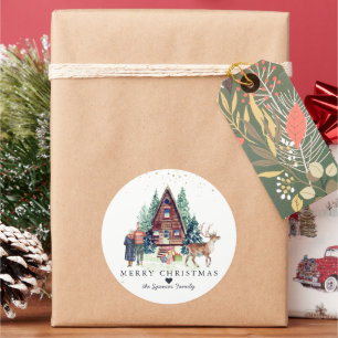 Prettig kerstfeest Rustieke winter hut bos Ronde Sticker