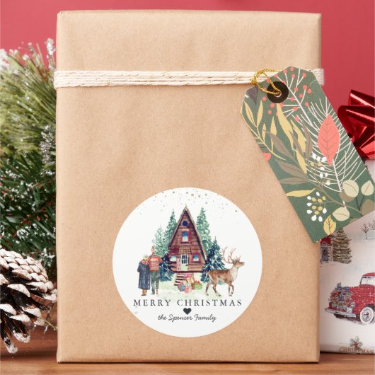 Prettig kerstfeest | Rustieke winter hut bos Ronde Sticker (Feestdagen)