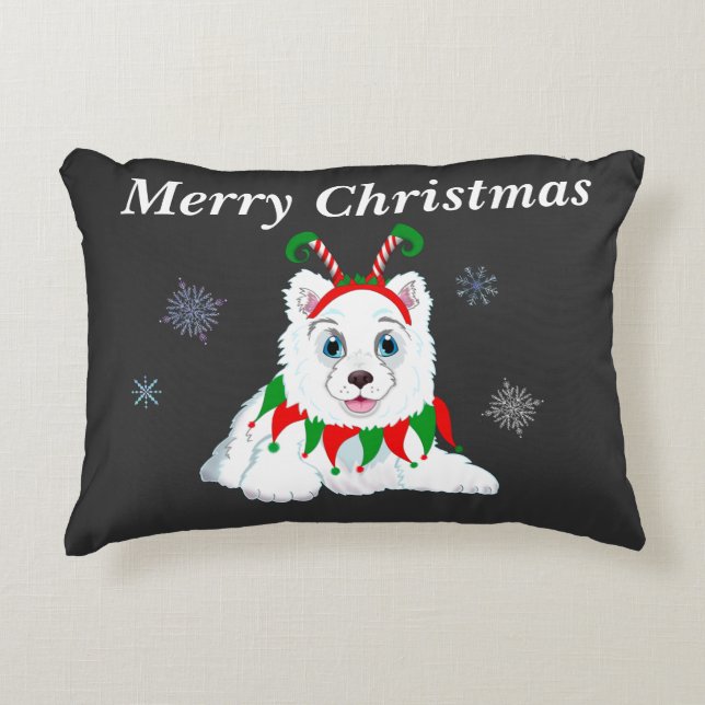 Prettig kerstfeest Samojeed met Elf hoofdtelefoon  Accent Kussen (Voorkant)