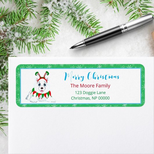 Prettig kerstfeest Samojeed met Elf hoofdtelefoon  Etiket