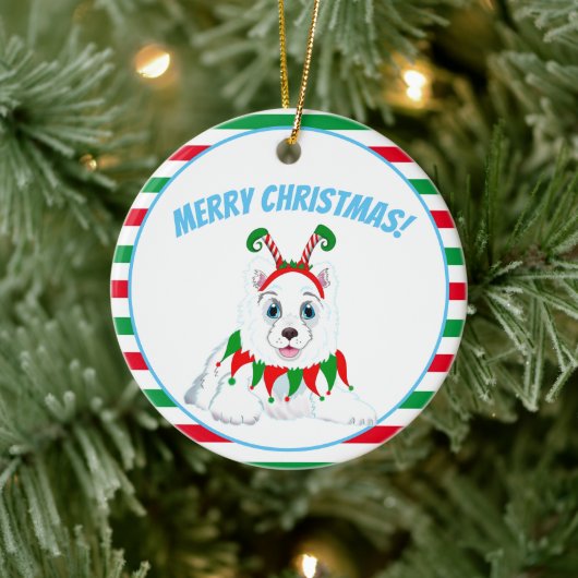 Prettig kerstfeest Samojeed met Elf hoofdtelefoon Keramisch Ornament (Boom)
