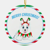 Prettig kerstfeest Samojeed met Elf hoofdtelefoon Keramisch Ornament (Voorkant)
