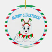 Prettig kerstfeest Samojeed met Elf hoofdtelefoon Keramisch Ornament (Achterkant)