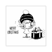 Prettig kerstfeest Schattig meisje met cadeau Rubberstempel (Afrduk)
