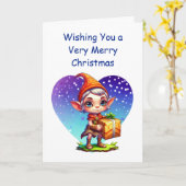 Prettig Kerstfeest | Schattige Elf Kaart (Gele Bloem)