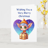 Prettig Kerstfeest | Schattige Elf Kaart (Gele Bloem)