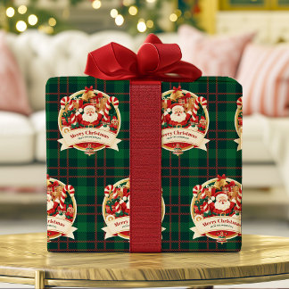 Prettig kerstfeest Schattige Kerstman Groen geruit Cadeaupapier