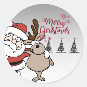 Prettig kerstfeest, Schattige Kerstman Rendier Ronde Sticker