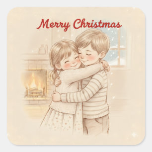 PRETTIG KERSTFEEST SCHATTIGE KINDEREN SAMEN FOTO VIERKANTE STICKER