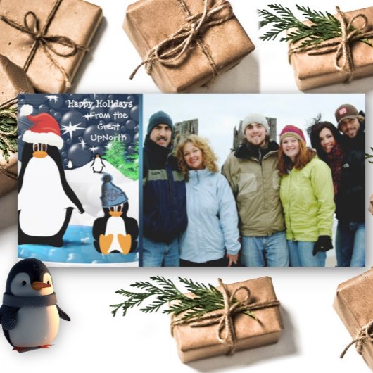 Prettig kerstfeest, schattige pinguïnfamilie fotok feestdagenkaart