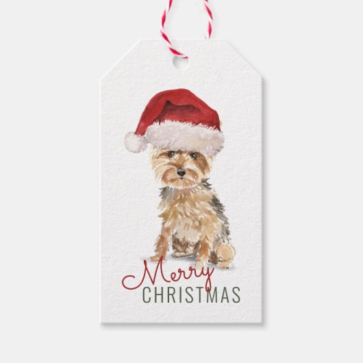Prettig kerstfeest Schattige Yorkshire Terrier op Cadeaulabel (Voorkant)
