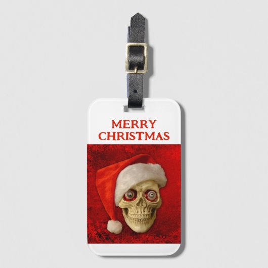 Prettig kerstfeest. Schedel met kerstmuts Bagagelabel (Voorkant (verticaal))