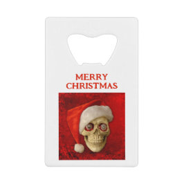 Prettig kerstfeest. Schedel met kerstmuts Creditkaart Flessenopener